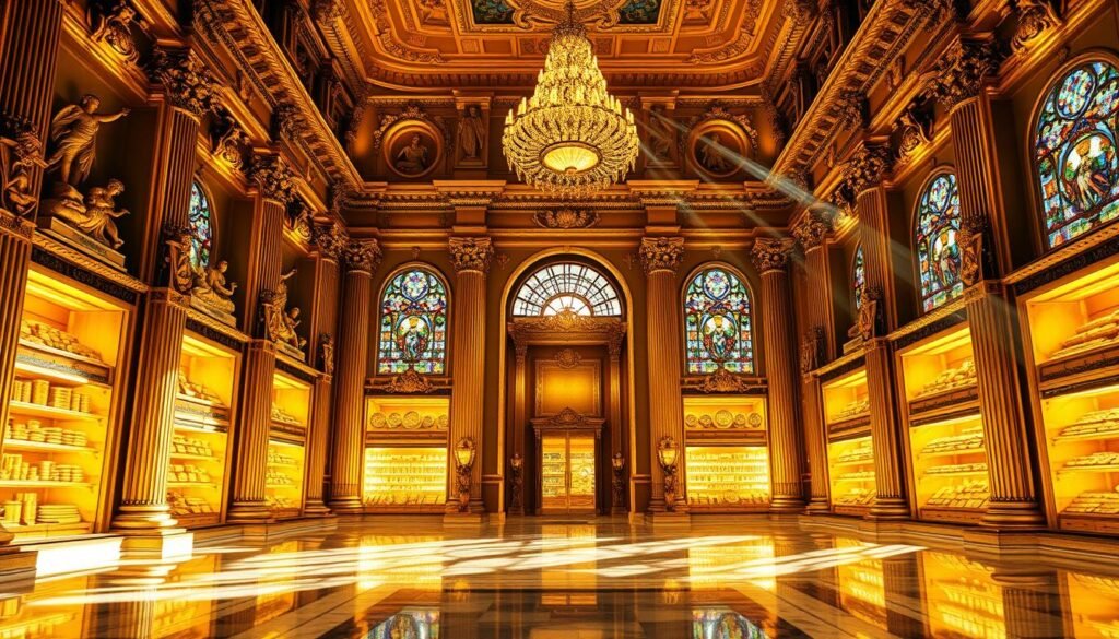 A grandiose golden storehouse, its ornate facade gleaming under warm, soft lighting. Massive columns support a towering entrance, flanked by intricate carvings and statues representing the enduring allure of wealth. The interior is bathed in a golden glow, revealing meticulously arranged shelves and vaults filled with shimmering ingots and coins. Elegant chandeliers cast a gentle radiance, while the polished marble floors reflect the opulence of this timeless sanctuary of value. Sunlight streams through stained-glass windows, casting a kaleidoscope of colors upon the scene, evoking the timeless magnetism of gold throughout history.