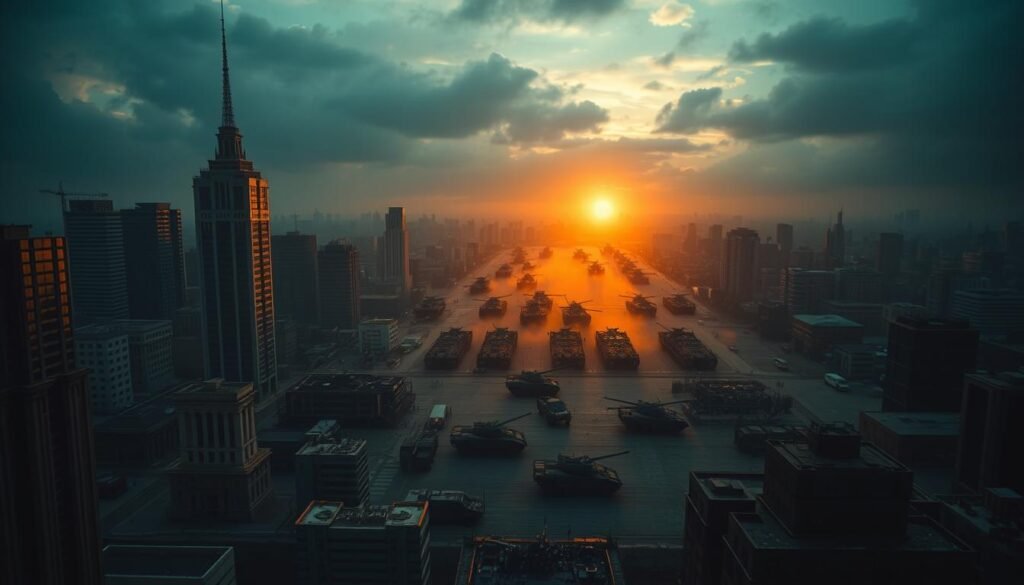 A gritty, high-contrast aerial view of a geopolitical hotspot, with towering skyscrapers and government buildings in the foreground. In the middle ground, a tense standoff between military forces, tanks, and armored vehicles. In the distance, a dramatic sunset casts an ominous golden glow over the scene, symbolizing the volatile relationship between global politics and precious metal prices. The lighting is moody and dramatic, with deep shadows and highlights, creating a sense of tension and uncertainty. The composition is balanced, with the military forces and buildings creating a visually striking contrast.