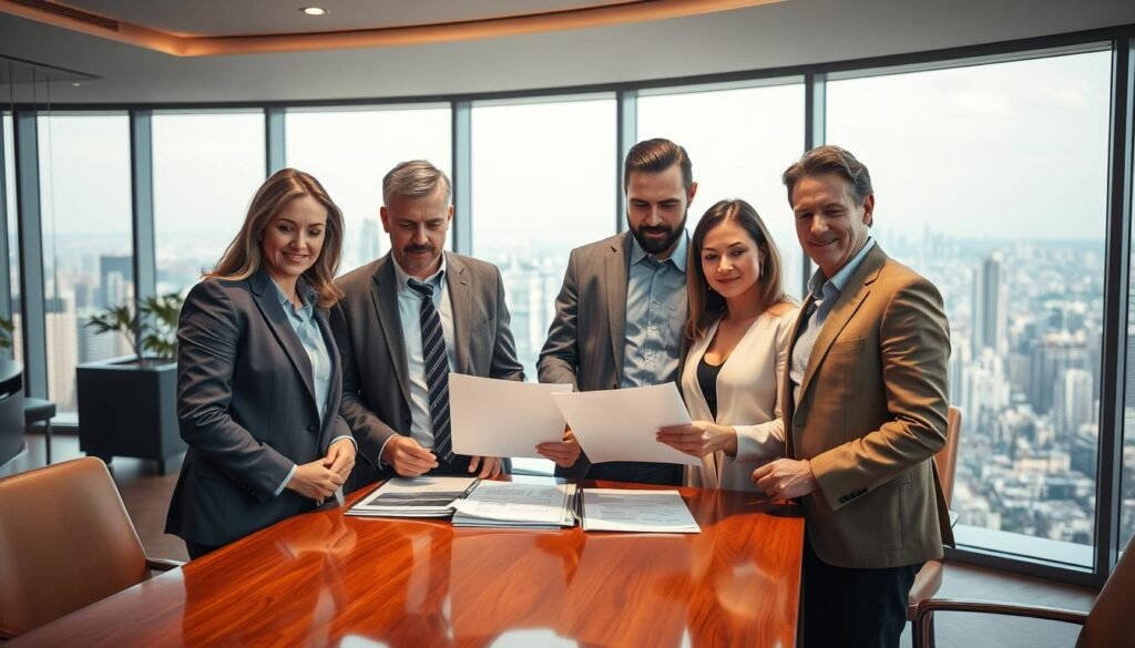 A group of affluent individuals gathered in a luxurious office setting, exuding an air of confidence and financial success. In the foreground, three well-dressed men and women, their expressions serene and focused, stand around a polished wooden table, reviewing financial documents. Soft, warm lighting illuminates their faces, casting a gentle glow that conveys a sense of prosperity and accomplishment. In the background, floor-to-ceiling windows offer a panoramic view of a bustling city skyline, hinting at the scale of their investment portfolio. The overall scene radiates an atmosphere of expertise, diligence, and the rewards of prudent financial management.