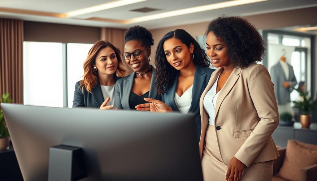 A group of four diverse female investors in the gold industry, dressed professionally, standing confidently in a modern office setting. The lighting is soft and flattering, with warm tones accentuating their features. The women are engaged in a collaborative discussion, gesturing animatedly as they review financial documents and charts displayed on a large, sleek computer monitor in the foreground. The background is a blend of tasteful, minimalist decor, suggesting an atmosphere of sophistication and financial expertise. The overall composition conveys a sense of empowerment, leadership, and the growing influence of women in the traditionally male-dominated gold investment sector.