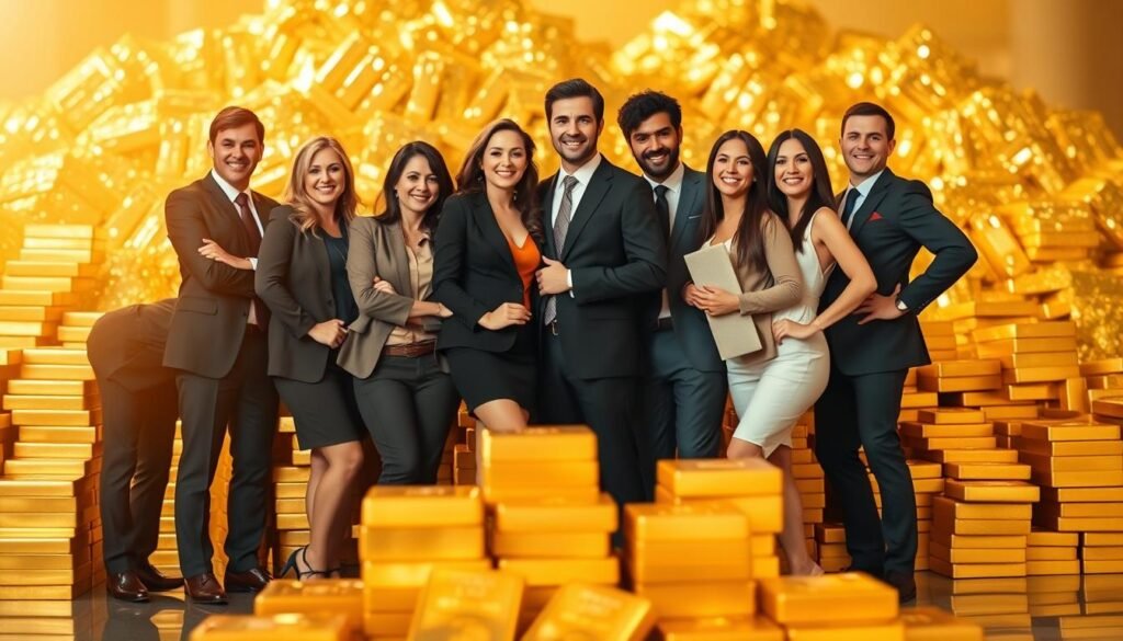 A group of successful individuals posing confidently against a backdrop of gleaming gold bullion. The foreground features the models dressed in formal attire, their expressions radiating triumph and pride. The middle ground showcases stacks of golden coins and bars, capturing the essence of financial prosperity. In the background, a warm, golden-hued light bathes the scene, creating a sense of luxury and opulence. The image is captured with a shallow depth of field, emphasizing the focal subjects and drawing the viewer's attention to the human stories of gold investment success. A group of successful individuals posing confidently against a backdrop of gleaming gold bullion. The foreground features the models dressed in formal attire, their expressions radiating triumph and pride. The middle ground showcases stacks of golden coins and bars, capturing the essence of financial prosperity. In the background, a warm, golden-hued light bathes the scene, creating a sense of luxury and opulence. The image is captured with a shallow depth of field, emphasizing the focal subjects and drawing the viewer's attention to the human stories of gold investment success.
