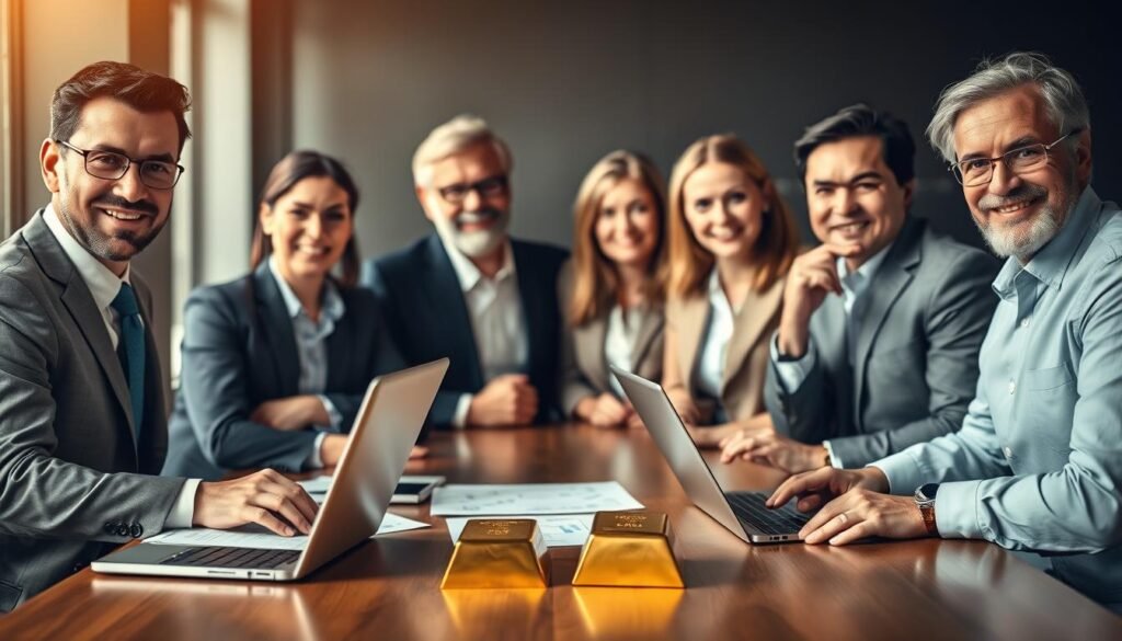 A group of well-dressed, confident individuals gathered around a table, each with a thoughtful expression on their face. Soft, warm lighting illuminates their faces, creating a sense of professionalism and expertise. The table is adorned with financial documents, laptops, and a single gold bar, symbolizing their deep knowledge and experience in the gold investment industry. The background is blurred, allowing the focus to remain on the panel of experts, conveying a sense of authority and credibility. The overall atmosphere is one of sophistication, expertise, and a dedication to guiding others in their financial endeavors. A group of well-dressed, confident individuals gathered around a table, each with a thoughtful expression on their face. Soft, warm lighting illuminates their faces, creating a sense of professionalism and expertise. The table is adorned with financial documents, laptops, and a single gold bar, symbolizing their deep knowledge and experience in the gold investment industry. The background is blurred, allowing the focus to remain on the panel of experts, conveying a sense of authority and credibility. The overall atmosphere is one of sophistication, expertise, and a dedication to guiding others in their financial endeavors.