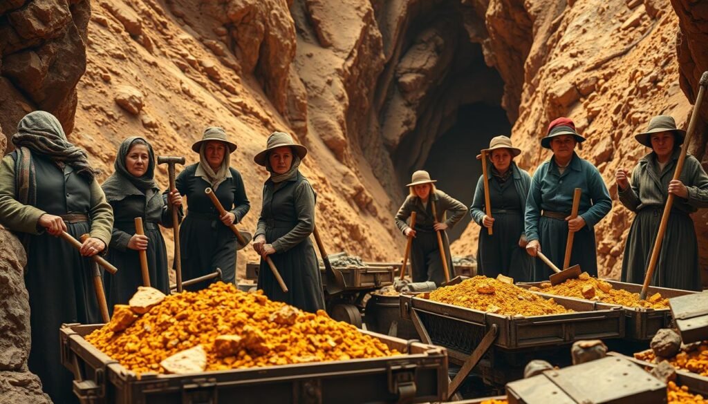 A group of women in traditional mining attire, standing amidst the rugged landscape of a gold mine. The foreground features their determined expressions as they wield pickaxes and shovels, their faces illuminated by the warm glow of the sun. In the middle ground, the women work together, loading ore into carts, their movements coordinated and efficient. The background showcases the rich, golden hues of the earth, with towering rock formations and a deep, winding shaft that leads into the depths of the mine. The scene conveys a sense of strength, resilience, and the pioneering spirit of women who have played a vital role in the history of gold mining.