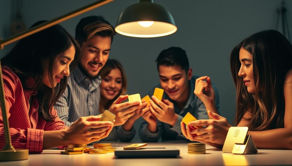 A group of young, modern investors passionately examining gold bars and coins under the warm glow of a desktop lamp. The foreground showcases their focused expressions as they meticulously inspect the precious metal, their hands delicately holding the gleaming assets. In the middle ground, a sleek, minimalist desk setup frames the scene, hinting at their tech-savvy, millennial lifestyle. The background subtly suggests an urban office environment, with muted tones and a sense of professionalism. The overall mood conveys a combination of curiosity, financial responsibility, and the rising trend of gold investment among the younger generation.