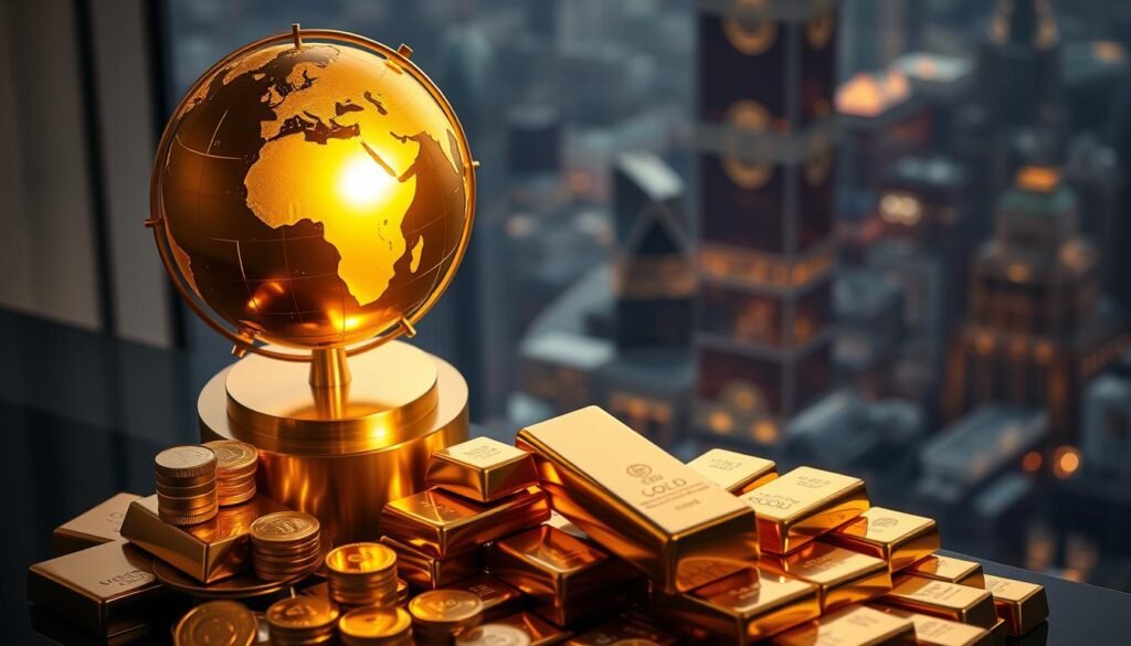 A high-angle shot of a world globe made of gold, casting a warm, luxurious glow. The globe sits atop a sleek, modern pedestal, highlighting its status as a premium investment asset. In the foreground, various gold bullion bars, coins, and ingots are arranged artfully, conveying the tangible nature of gold investments. The background features a soft, blurred cityscape, alluding to the global financial landscape. The lighting is subdued, creating a sense of refinement and exclusivity, while the depth of field emphasizes the focal point of the gold investment assets. A high-angle shot of a world globe made of gold, casting a warm, luxurious glow. The globe sits atop a sleek, modern pedestal, highlighting its status as a premium investment asset. In the foreground, various gold bullion bars, coins, and ingots are arranged artfully, conveying the tangible nature of gold investments. The background features a soft, blurred cityscape, alluding to the global financial landscape. The lighting is subdued, creating a sense of refinement and exclusivity, while the depth of field emphasizes the focal point of the gold investment assets.
