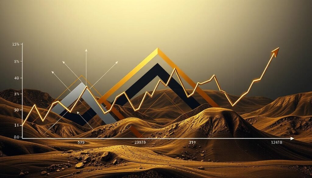 A high-contrast chart depicting the fluctuating gold price over time, with sharp spikes and drops corresponding to changes in global interest rates. The foreground shows a detailed line graph with precise data points, rendered in a sleek metallic finish. The middle ground features abstract geometric shapes and patterns in gold, silver, and black, creating a sense of motion and dynamism. The background is a muted, gradient-filled landscape with subtle textures, evoking a sense of financial markets and economic uncertainty. The overall composition conveys the complex and sometimes unpredictable relationship between interest rate policy and the behavior of the gold market. A high-contrast chart depicting the fluctuating gold price over time, with sharp spikes and drops corresponding to changes in global interest rates. The foreground shows a detailed line graph with precise data points, rendered in a sleek metallic finish. The middle ground features abstract geometric shapes and patterns in gold, silver, and black, creating a sense of motion and dynamism. The background is a muted, gradient-filled landscape with subtle textures, evoking a sense of financial markets and economic uncertainty. The overall composition conveys the complex and sometimes unpredictable relationship between interest rate policy and the behavior of the gold market.