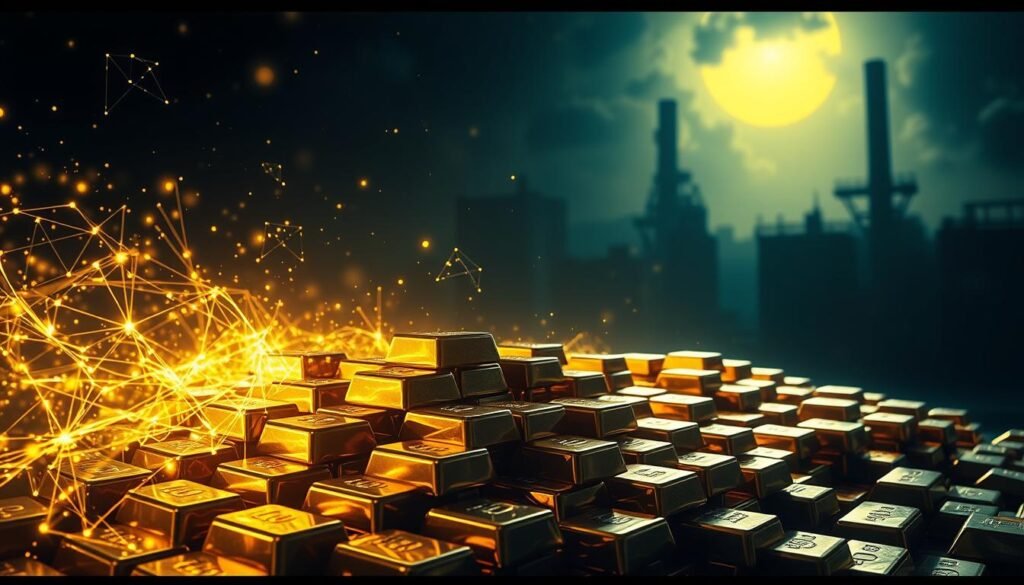 A high-contrast, cinematic composition depicting the abstract threats of the cyber world looming over a gleaming pile of gold bullion. In the foreground, a lattice of futuristic, neon-colored digital glyphs and fragments of code dance and swirl, hinting at the invisible but ever-present dangers. The gold bars are rendered in a meticulous, hyper-realistic style, their surfaces reflecting the eerie, shifting lights. In the background, a shadowy, industrial landscape of server towers and data centers sets an ominous tone. Dramatic lighting from an unseen source casts sharp shadows, creating depth and a sense of danger. The overall mood is one of unease and vulnerability, underscoring the need to protect valuable assets like gold from emerging cyber threats. A high-contrast, cinematic composition depicting the abstract threats of the cyber world looming over a gleaming pile of gold bullion. In the foreground, a lattice of futuristic, neon-colored digital glyphs and fragments of code dance and swirl, hinting at the invisible but ever-present dangers. The gold bars are rendered in a meticulous, hyper-realistic style, their surfaces reflecting the eerie, shifting lights. In the background, a shadowy, industrial landscape of server towers and data centers sets an ominous tone. Dramatic lighting from an unseen source casts sharp shadows, creating depth and a sense of danger. The overall mood is one of unease and vulnerability, underscoring the need to protect valuable assets like gold from emerging cyber threats.