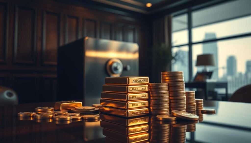 A high-contrast, cinematic composition showcasing various gold investment options. In the foreground, a stack of shiny gold bullion bars and a collection of gold coins in different denominations. Reflected on the glossy surface, a warm, diffuse lighting illuminates the precious metals. In the middle ground, a sleek, modern-looking safe or secure storage container, its metallic finish gleaming. The background reveals a dimly lit, elegant office setting - wood-paneled walls, leather furniture, and a large window overlooking a cityscape. The overall mood is one of wealth, sophistication, and the allure of gold as a secure, tangible asset. A high-contrast, cinematic composition showcasing various gold investment options. In the foreground, a stack of shiny gold bullion bars and a collection of gold coins in different denominations. Reflected on the glossy surface, a warm, diffuse lighting illuminates the precious metals. In the middle ground, a sleek, modern-looking safe or secure storage container, its metallic finish gleaming. The background reveals a dimly lit, elegant office setting - wood-paneled walls, leather furniture, and a large window overlooking a cityscape. The overall mood is one of wealth, sophistication, and the allure of gold as a secure, tangible asset.