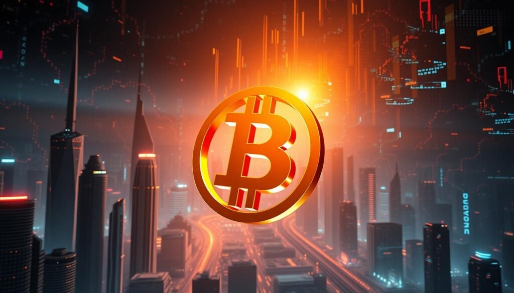 A high-contrast, cinematic digital illustration of a golden bitcoin symbol against a backdrop of futuristic digital landscapes. The bitcoin shines with an ethereal, metallic glow, floating amidst a cityscape of skyscrapers, neon-lit data centers, and abstract digital patterns. The lighting is dramatic, with stark shadows and highlights accentuating the three-dimensional form of the bitcoin. The overall mood is one of technological advancement, investment, and the digital revolution transforming traditional finance.