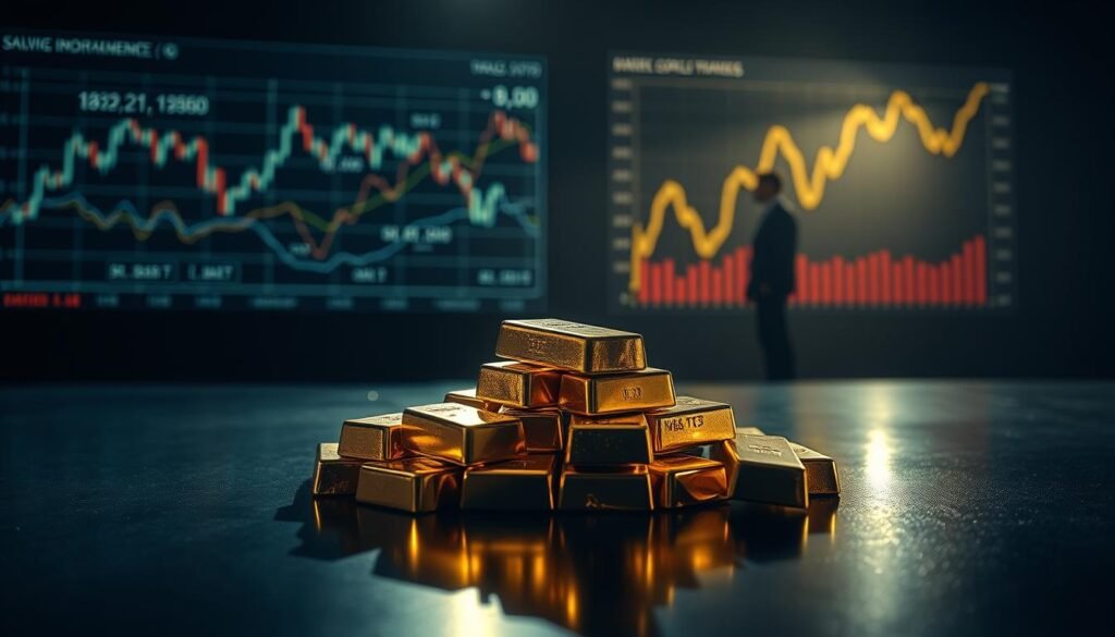 A high-contrast, cinematic image depicting gold bars as a diversification strategy in a high-net-worth individual's investment portfolio. In the foreground, a pile of gleaming gold ingots sits on a dark, reflective surface, casting long shadows. The middle ground shows financial charts and graphs projected onto the background, illustrating market volatility. The background is a dimly lit, moody environment, with a sense of uncertainty and economic turbulence. Dramatic lighting creates dramatic highlights and shadows, emphasizing the weight and value of the gold. The overall composition conveys the role of gold as a reliable hedge against financial instability for the wealthy investor.