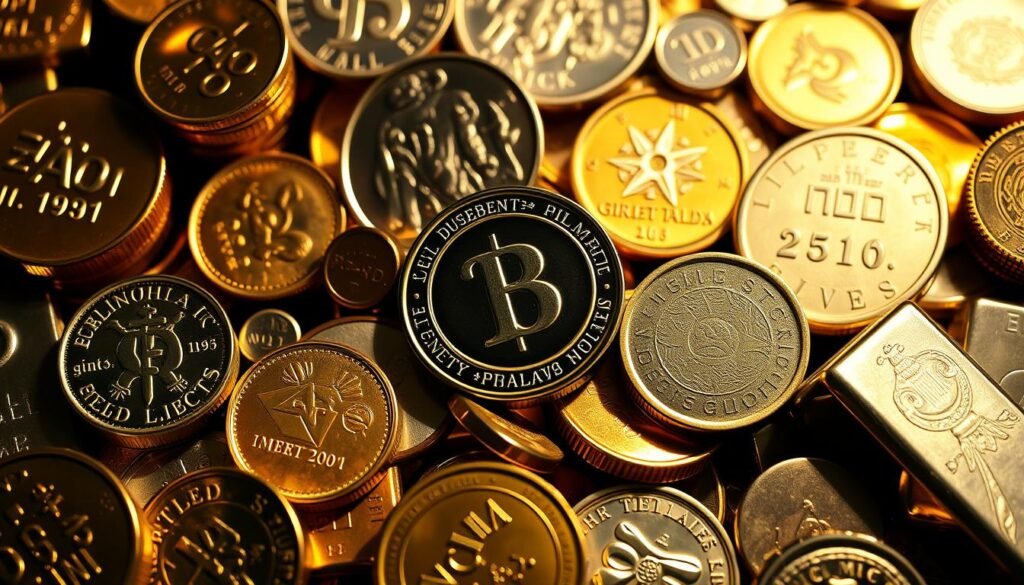 A high-contrast close-up shot of a diverse array of precious metal coins and ingots, including gold, silver, platinum, and palladium, arranged in a visually striking and symmetrical composition. The metals gleam under warm, directional studio lighting, casting dynamic shadows and highlights that accentuate their intricate textures and reflective surfaces. The image conveys a sense of balance, wealth, and financial security, encouraging the viewer to consider the benefits of diversifying their precious metals portfolio beyond a sole focus on gold.