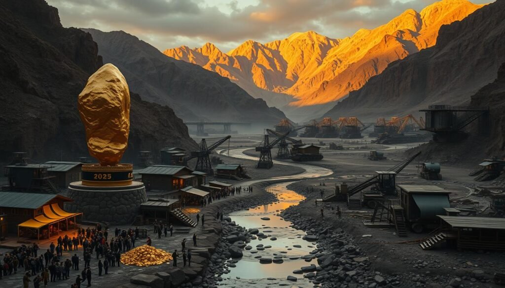 A high-contrast, dramatic landscape depicting a prosperous gold rush in the year 2025. The foreground shows a bustling mining town with a towering gold nugget statue, surrounded by a throng of prospectors panning for gold in a nearby creek. The middle ground features a sprawling network of active gold mines, with large excavators and heavy machinery at work. The background showcases a rugged mountain range bathed in warm, golden light, hinting at the untapped wealth waiting to be discovered. The overall mood is one of excitement, opportunity, and the promise of a new era of riches. Realistic lighting and cinematic camera angles convey a sense of scale and grandeur. A high-contrast, dramatic landscape depicting a prosperous gold rush in the year 2025. The foreground shows a bustling mining town with a towering gold nugget statue, surrounded by a throng of prospectors panning for gold in a nearby creek. The middle ground features a sprawling network of active gold mines, with large excavators and heavy machinery at work. The background showcases a rugged mountain range bathed in warm, golden light, hinting at the untapped wealth waiting to be discovered. The overall mood is one of excitement, opportunity, and the promise of a new era of riches. Realistic lighting and cinematic camera angles convey a sense of scale and grandeur.