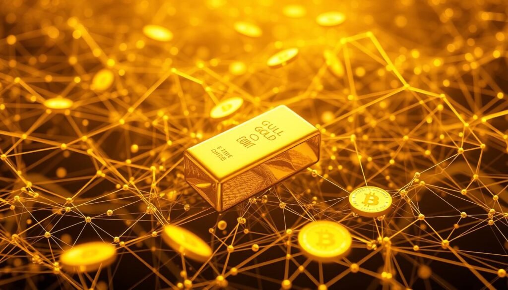 A high-contrast, hyper-realistic 3D rendering of gold bullion bars and coins floating amidst a dynamic network of interconnected lines, curves, and nodes representing the complex liquidity flows and trading activity in the gold futures market. The scene is bathed in warm, golden lighting, creating a sense of depth and atmosphere. The composition emphasizes the scale, movement, and interconnectedness of the futures market, conveying the potential benefits and opportunities it offers individual investors seeking to diversify their portfolios with exposure to the precious metals asset class.