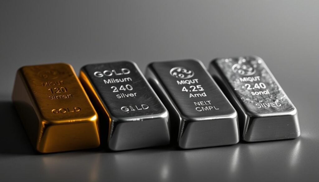 A high-contrast, hyper-realistic close-up view of four precious metal ingots arranged in a row: gold, silver, platinum, and palladium. The metals have a lustrous, polished appearance, with subtle reflections and highlights across their surfaces. The lighting is dramatically angled, creating deep shadows that accentuate the forms and textures. The background is a muted, monochrome gradient that allows the precious metals to take center stage. The overall composition has a sense of weight, value, and importance, befitting the subject matter of "The Precious Metals Landscape in 2025". A high-contrast, hyper-realistic close-up view of four precious metal ingots arranged in a row: gold, silver, platinum, and palladium. The metals have a lustrous, polished appearance, with subtle reflections and highlights across their surfaces. The lighting is dramatically angled, creating deep shadows that accentuate the forms and textures. The background is a muted, monochrome gradient that allows the precious metals to take center stage. The overall composition has a sense of weight, value, and importance, befitting the subject matter of "The Precious Metals Landscape in 2025".