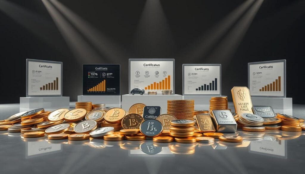 A high-contrast image showcasing a diverse array of precious metal investment options. In the foreground, a variety of gold, silver, platinum, and palladium coins and bars are displayed on a reflective surface, capturing the intricate details and lustrous sheen of these valuable assets. The middle ground features elegant, minimalist displays presenting different investment vehicles such as exchange-traded funds (ETFs), mutual funds, and certificates. The background is a muted, monochromatic setting, allowing the precious metals and their investment products to take center stage. Dramatic lighting from multiple angles accentuates the depth and dimensionality of the scene, creating a sense of grandeur and sophistication. The overall atmosphere evokes a sense of financial stability, security, and the timeless allure of precious metals as a reliable investment choice.