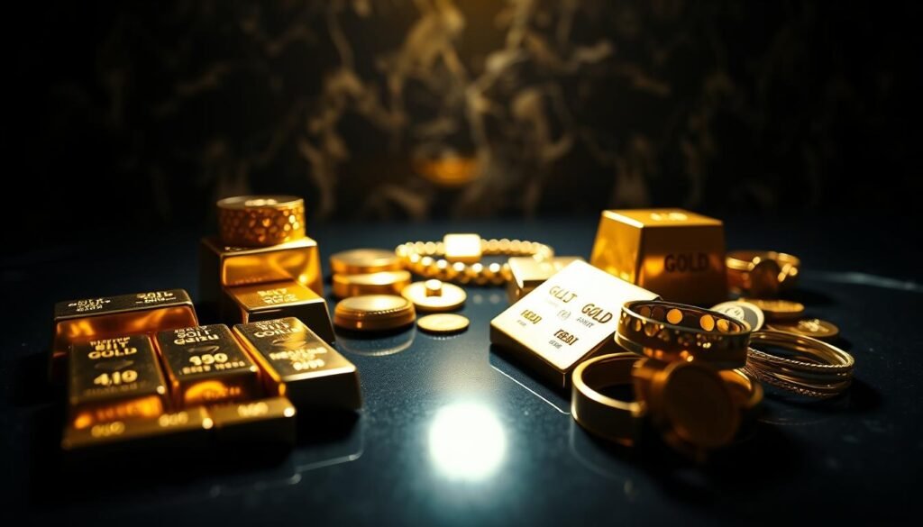 A high-contrast, meticulously detailed still life featuring various forms of gold investment assets. In the foreground, gleaming gold bullion bars, coins, and ingots arranged in a geometric pattern, casting warm reflections. In the middle ground, a mix of gold jewelry, including a necklace, bracelet, and ring, displayed on a black velvet surface. In the background, a blurred, opulent backdrop of a marble or granite surface, evoking a sense of wealth and exclusivity. Dramatic chiaroscuro lighting from an unseen source, emphasizing the luxurious textures and luminous quality of the gold. Captured with a shallow depth of field, using a medium-format camera lens to create a sense of grandeur and prestige.