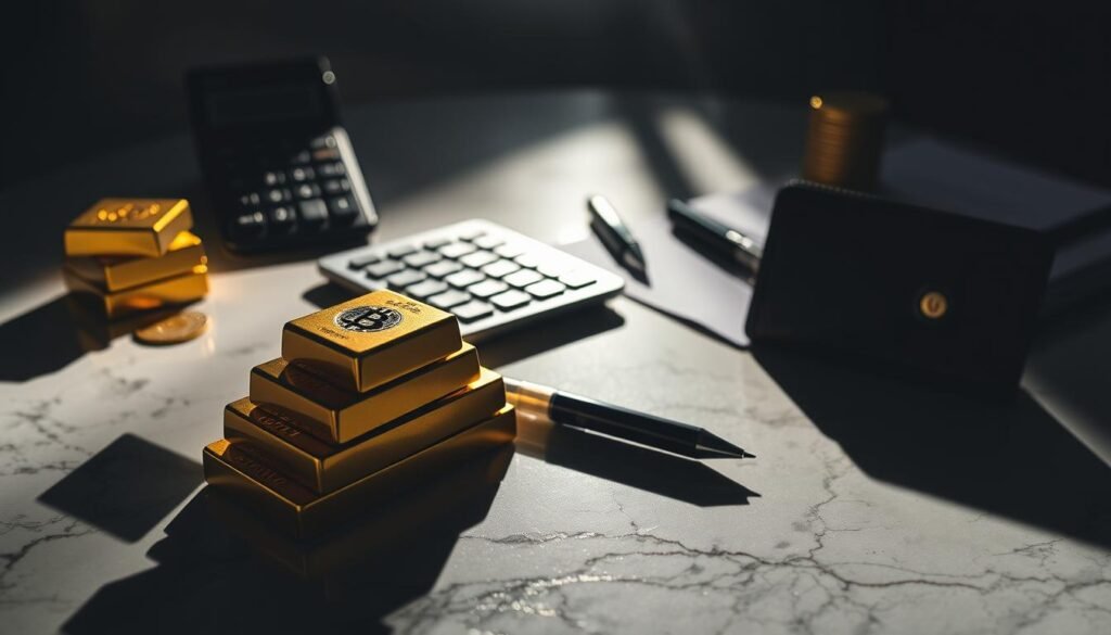 A high-contrast scene showcasing the tax implications of gold and crypto investments. In the foreground, a stack of gold bars and a digital wallet with a crypto symbol, casting long shadows on a polished marble surface. In the middle ground, a calculator, a pen, and various financial documents. In the background, a dramatic chiaroscuro lighting highlights the stark contrast between the tangible gold and the ephemeral crypto, creating a sense of contemplation and uncertainty. The overall atmosphere evokes the serious financial considerations involved in diversifying one's portfolio between these two asset classes.