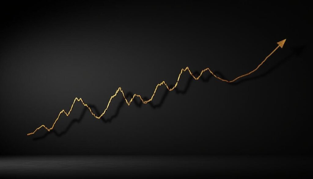 A high-contrast, ultra-detailed rendering of a line graph depicting the inverse relationship between the price of gold and the US dollar. The graph is depicted against a shadowy, muted background, with the lines rendered in shimmering metallic hues that catch the light from an unseen, dramatic source. The overall effect is one of precision, power, and a sense of the weighty, eternal nature of this financial dynamic. The composition is balanced and architectural, with clean lines and a minimalist aesthetic that allows the data to speak for itself. A high-contrast, ultra-detailed rendering of a line graph depicting the inverse relationship between the price of gold and the US dollar. The graph is depicted against a shadowy, muted background, with the lines rendered in shimmering metallic hues that catch the light from an unseen, dramatic source. The overall effect is one of precision, power, and a sense of the weighty, eternal nature of this financial dynamic. The composition is balanced and architectural, with clean lines and a minimalist aesthetic that allows the data to speak for itself.