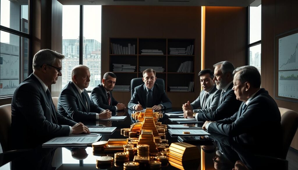 A high-contrast, wide-angle shot of a group of well-dressed institutional investors gathered around a conference table, deep in discussion. The table is adorned with gold-colored bars and coins, casting a warm, reflective glow across the scene. Shelves of financial reports and data visualizations line the walls, hinting at the complex analytical work they perform. The investors' expressions are serious, conveying the gravity of their decisions as they consider the performance of their gold ETF holdings. Dramatic backlighting from tall windows casts sharp shadows, adding depth and drama to the composition. The overall atmosphere is one of power, wealth, and the weighty responsibility of managing institutional capital. A high-contrast, wide-angle shot of a group of well-dressed institutional investors gathered around a conference table, deep in discussion. The table is adorned with gold-colored bars and coins, casting a warm, reflective glow across the scene. Shelves of financial reports and data visualizations line the walls, hinting at the complex analytical work they perform. The investors' expressions are serious, conveying the gravity of their decisions as they consider the performance of their gold ETF holdings. Dramatic backlighting from tall windows casts sharp shadows, adding depth and drama to the composition. The overall atmosphere is one of power, wealth, and the weighty responsibility of managing institutional capital.