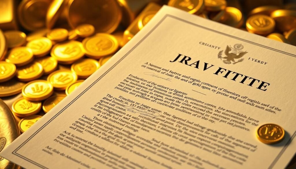 A high-fidelity digital illustration showcasing the fundamental elements of gold royalty agreements. In the foreground, a detailed rendering of a legally-binding contract, its pages adorned with intricate golden seals and signatures. In the middle ground, a richly textured background of polished gold bullion and gleaming coins, capturing the financial weight and prestige of such agreements. The lighting is soft and warm, evoking a sense of authority and prosperity. The overall composition conveys the gravity and significance of these agreements, essential to understanding the world of gold royalties.