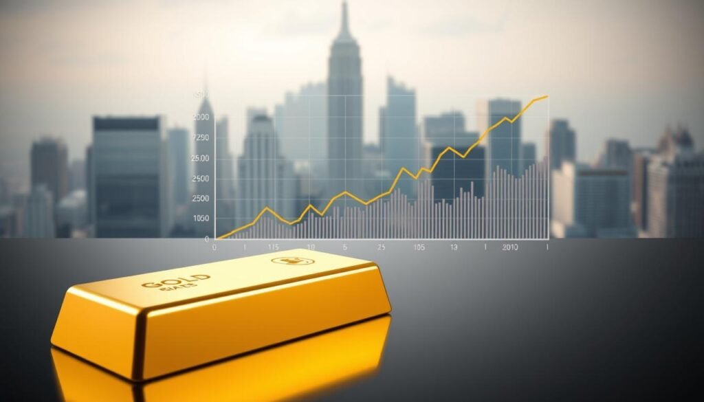 A high-quality 3D rendering of the fundamental relationship between interest rates and gold prices. The foreground shows a large, gleaming gold bar against a sleek, metallic backdrop. In the middle ground, a graph depicting the inverse correlation between interest rates and gold prices, with clean, precise data visualizations. The background features a softly blurred cityscape, evoking a sense of financial markets and economic forces. Dramatic studio lighting casts dramatic shadows, emphasizing the weight and importance of the subject matter. The overall composition is balanced, minimalist, and sophisticated, conveying the gravitas of the topic. A high-quality 3D rendering of the fundamental relationship between interest rates and gold prices. The foreground shows a large, gleaming gold bar against a sleek, metallic backdrop. In the middle ground, a graph depicting the inverse correlation between interest rates and gold prices, with clean, precise data visualizations. The background features a softly blurred cityscape, evoking a sense of financial markets and economic forces. Dramatic studio lighting casts dramatic shadows, emphasizing the weight and importance of the subject matter. The overall composition is balanced, minimalist, and sophisticated, conveying the gravitas of the topic.