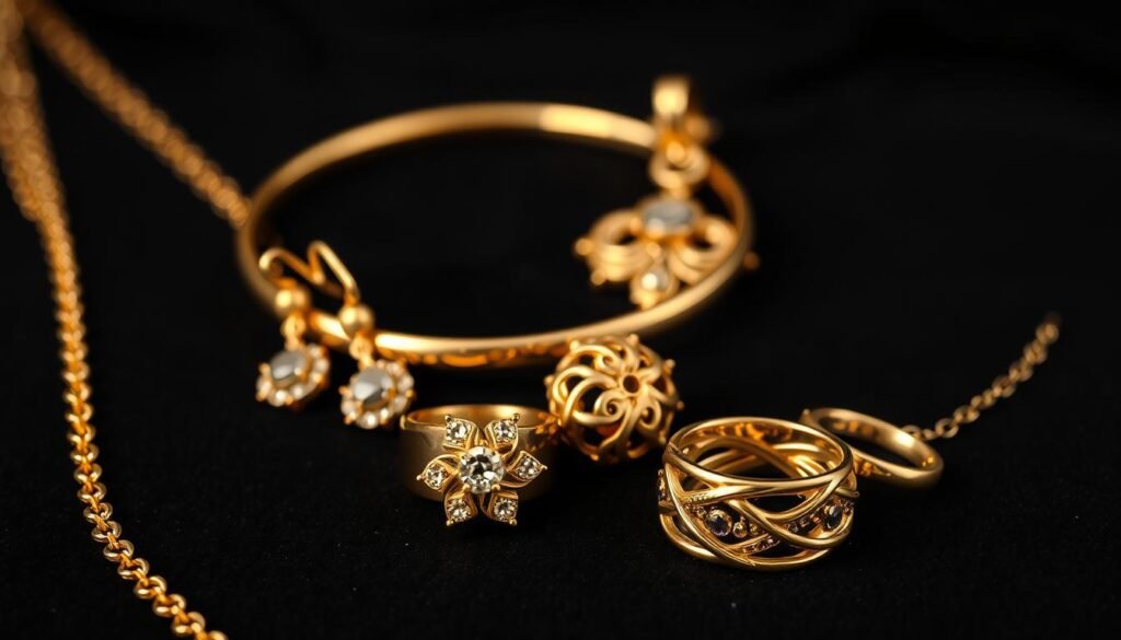 A high-quality close-up shot of various gold jewelry pieces arranged on a dark, luxurious background. In the foreground, a shimmering necklace, a pair of elegant earrings, and a gleaming ring, all crafted with exquisite attention to detail. The middle ground features a bangle bracelet and a pendant, their surfaces reflecting the warm, golden hue. In the background, a subtle, velvety texture creates a sense of depth and sophistication. Soft, directional lighting accentuates the intricate designs and the natural luster of the precious metal, evoking a sense of refined opulence and timeless appeal.