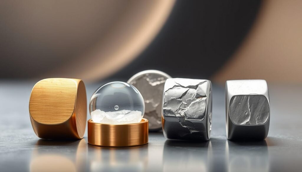 A high-resolution, detailed comparison of five precious metals - gold, silver, platinum, palladium, and rhodium - displayed in a sleek, modern composition. The metals are arranged in the foreground, each presented in an elegant brushed metal finish, with soft lighting illuminating their unique colors and textures. The background features a minimalist, gradient-based design, with subtle hints of metallic tones creating a sense of depth and sophistication. The overall mood is one of understated elegance, highlighting the intrinsic value and distinctive properties of these rare and valuable materials. A high-resolution, detailed comparison of five precious metals - gold, silver, platinum, palladium, and rhodium - displayed in a sleek, modern composition. The metals are arranged in the foreground, each presented in an elegant brushed metal finish, with soft lighting illuminating their unique colors and textures. The background features a minimalist, gradient-based design, with subtle hints of metallic tones creating a sense of depth and sophistication. The overall mood is one of understated elegance, highlighting the intrinsic value and distinctive properties of these rare and valuable materials.
