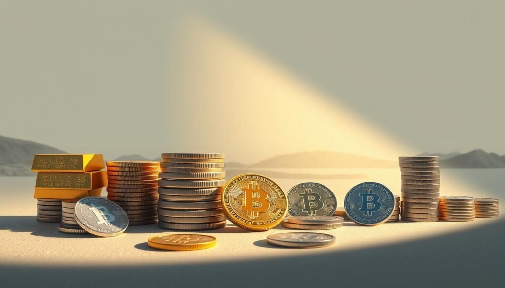 A high-resolution, detailed illustration of various safe haven assets displayed in a comparative layout. The foreground features stacks of gold bars, silver coins, and physical bitcoins arranged in a balanced composition. The middle ground showcases line graphs depicting the historical price movements of these assets. The background depicts a serene, minimalist landscape with a soft, neutral color palette to create a sense of stability and reliability. Dramatic lighting from the side casts long shadows, emphasizing the solid, tangible nature of the safe haven instruments. The overall mood is one of financial security, highlighting the role of these assets in providing a refuge during times of market volatility.
