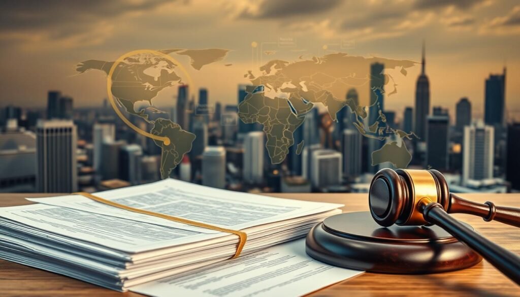 A high-resolution, highly detailed image of the current regulatory landscape in the gold markets. In the foreground, a stack of legal documents and a gavel, symbolizing the complex regulatory framework. In the middle ground, a representation of the global gold trade, with intricate diagrams and charts depicting the flow of gold and the regulations that govern it. In the background, a cityscape with skyscrapers, representing the financial centers where gold is traded and regulated. The image should have a professional, authoritative, and serious tone, conveying the importance and complexity of the subject matter. The lighting should be warm and muted, creating a sense of gravity and weight. The overall composition should be well-balanced and visually striking, capturing the essence of the "New Regulatory Developments in Gold Markets" topic. A high-resolution, highly detailed image of the current regulatory landscape in the gold markets. In the foreground, a stack of legal documents and a gavel, symbolizing the complex regulatory framework. In the middle ground, a representation of the global gold trade, with intricate diagrams and charts depicting the flow of gold and the regulations that govern it. In the background, a cityscape with skyscrapers, representing the financial centers where gold is traded and regulated. The image should have a professional, authoritative, and serious tone, conveying the importance and complexity of the subject matter. The lighting should be warm and muted, creating a sense of gravity and weight. The overall composition should be well-balanced and visually striking, capturing the essence of the "New Regulatory Developments in Gold Markets" topic.