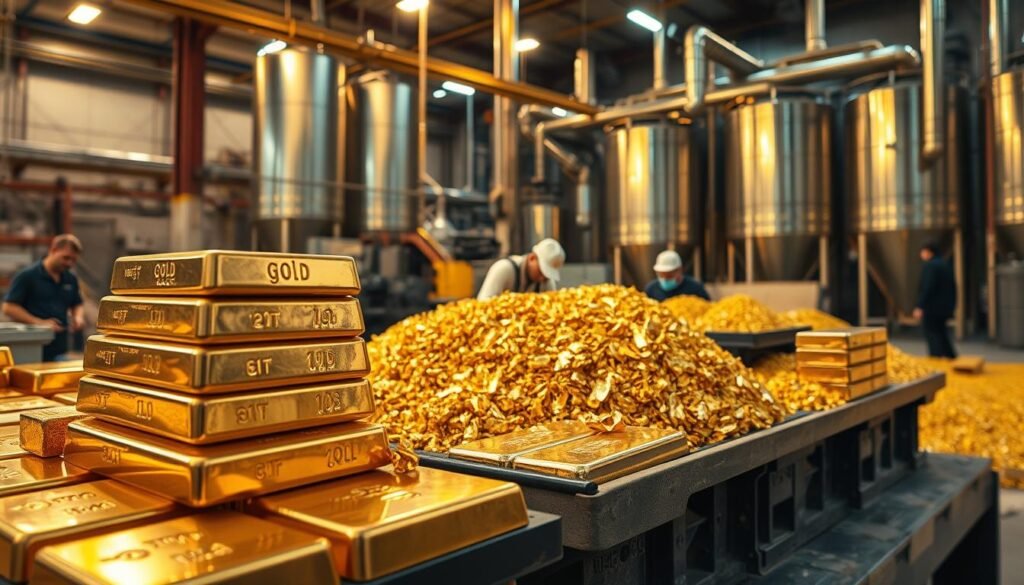 A high-resolution, photorealistic image of recycled gold companies, shot with a wide-angle lens and soft, warm lighting. In the foreground, a stack of gold ingots, their surfaces reflecting the warm glow of overhead lights. In the middle ground, a group of workers sorting and inspecting gold nuggets and flakes, their faces illuminated by the warm hue of the metal. In the background, a modern recycling facility with gleaming stainless steel equipment and towering storage silos. The overall atmosphere conveys a sense of efficiency, sustainability, and the growing importance of the recycled gold industry.