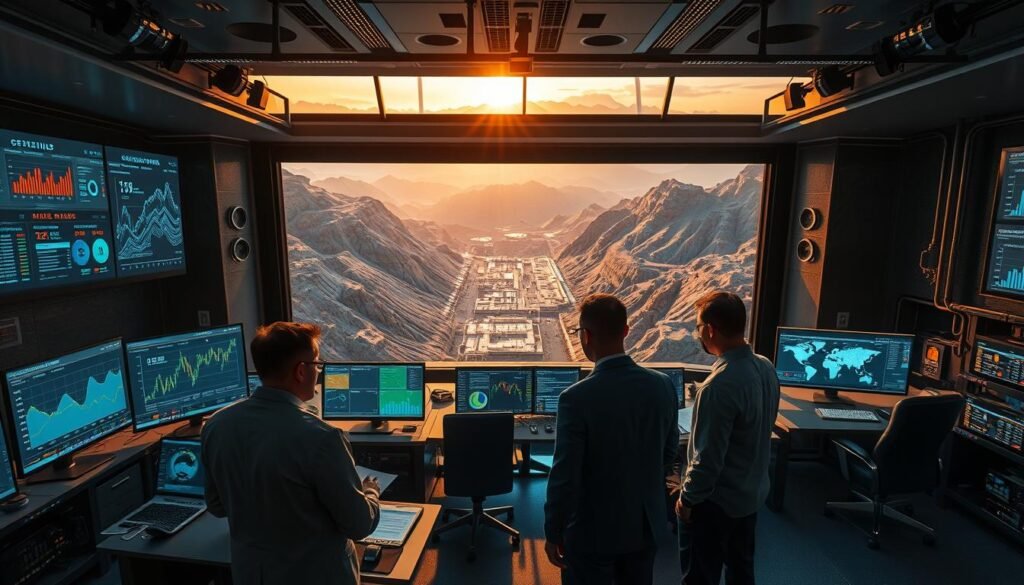 A high-tech control room filled with holographic displays, data visualizations, and sophisticated mining equipment. In the foreground, a team of analysts in futuristic attire pore over real-time analytics, evaluating potential M&A opportunities. The middle ground features a 3D projection of a sprawling underground mine, with animated data streams highlighting key performance indicators. In the background, a vast panoramic window reveals a stunning mountainous landscape bathed in golden sunlight, symbolizing the wealth and potential of the mining industry. Lighting is sleek and modern, with strategic use of dramatic shadows and highlights to create depth and atmosphere. The overall impression is one of cutting-edge technology seamlessly integrating with the natural resources of the earth.