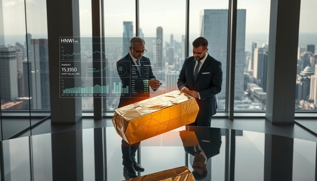 A high-tech investment interface hovers above a sleek, golden ingot. The interface displays real-time data, charts, and analytics, casting a warm glow over the scene. In the middle ground, a trio of crisply-suited HNWI professionals examine the interface, deep in discussion. The background is a sophisticated, minimalist office space, with floor-to-ceiling windows revealing a bustling urban skyline. The lighting is crisp and directional, creating dramatic shadows and highlights that accentuate the modern, high-value aesthetic. The overall mood is one of wealth, innovation, and careful financial deliberation.