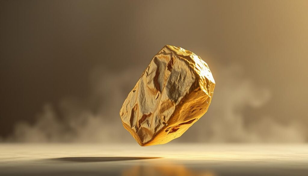 A highly detailed, hyper-realistic 8K digital illustration of a gold ingot or nugget suspended in a serene, contemplative environment. The gold displays a lustrous, unblemished surface, seemingly impervious to the ravages of time and corrosion. The lighting is soft and diffuse, accentuating the element's timeless beauty and resilience. The background is a hazy, muted gradient, drawing the viewer's full attention to the captivating, corrosion-resistant properties of the precious metal. Rendered with exceptional attention to detail, textures, and photorealistic precision.