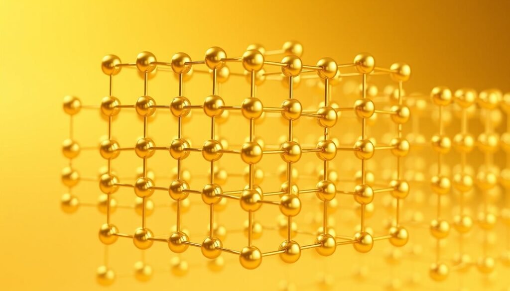 A highly detailed, scientifically accurate 3D rendering of the atomic structure of pure gold. The foreground depicts a close-up, ultra-realistic view of the crystalline lattice, showcasing the arrangement of individual gold atoms in a face-centered cubic pattern. The middle ground features a translucent, wireframe overlay highlighting the specific bonding angles and atomic radii. The background subtly blends a soft, warm-toned gradient, creating a sense of depth and emphasizing the metallic luster of the gold atoms. Rendered with exceptional photorealism under evenly diffused studio lighting, capturing the intricate geometric complexity of the gold's atomic structure.