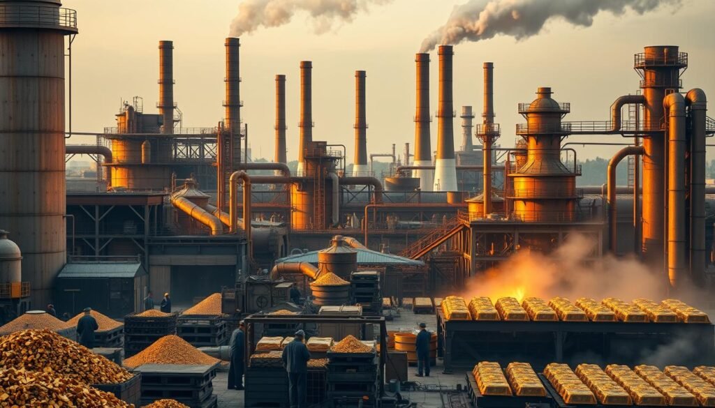 A historical gold refinery, bathed in warm, golden light, stands tall against a backdrop of industrial machinery and towering smokestacks. In the foreground, skilled workers meticulously inspect and sort raw gold ore, while in the middle ground, intricate alchemical processes transform the precious metal into gleaming ingots. The scene is imbued with a sense of timeless craftsmanship and the relentless pursuit of technological progress, capturing the essence of the "Historical Journey of Gold Refining". A historical gold refinery, bathed in warm, golden light, stands tall against a backdrop of industrial machinery and towering smokestacks. In the foreground, skilled workers meticulously inspect and sort raw gold ore, while in the middle ground, intricate alchemical processes transform the precious metal into gleaming ingots. The scene is imbued with a sense of timeless craftsmanship and the relentless pursuit of technological progress, capturing the essence of the "Historical Journey of Gold Refining".