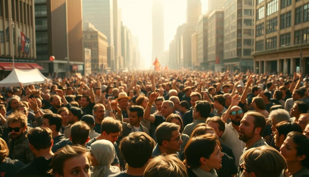 A large crowd of people gathered in a bustling city square, their faces a sea of emotion and movement. In the foreground, individuals are caught in a state of heightened tension, their body language and facial expressions conveying a sense of collective energy and shared enthusiasm. The middle ground is a blur of activity, with groups of people gesturing animatedly and interacting with one another, creating a tapestry of human connections. In the background, the towering buildings and urban landscape provide a sense of scale and a broader context, suggesting the broader social and cultural forces at play. The scene is illuminated by warm, golden sunlight, casting a soft, ethereal glow and imbuing the atmosphere with a sense of vibrancy and vitality.