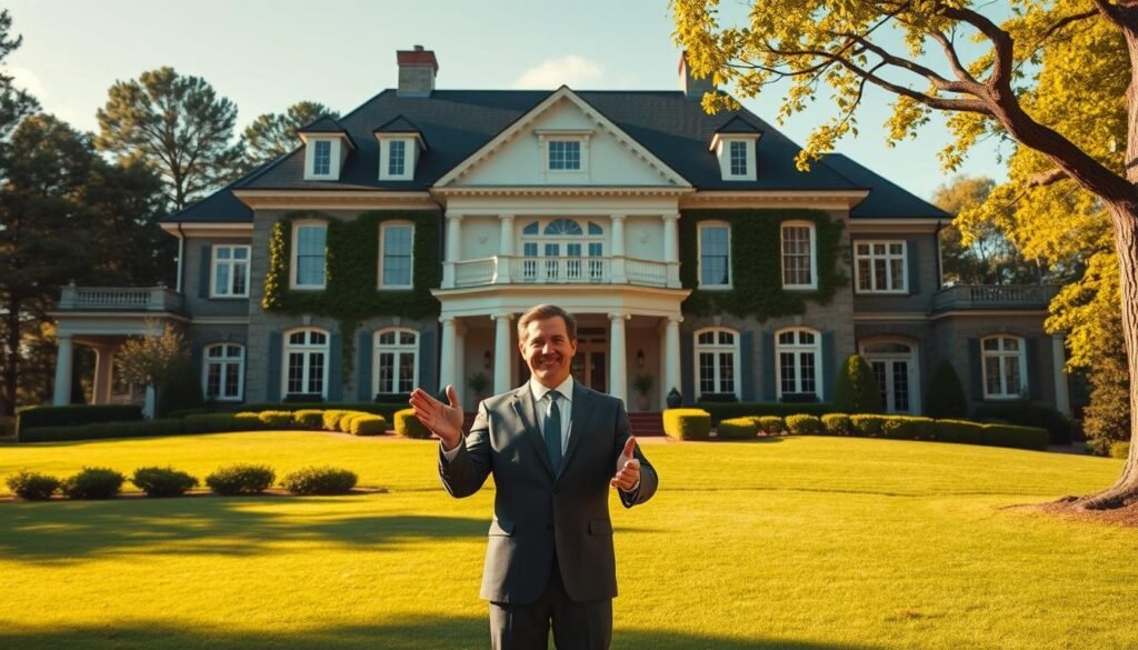 A large, luxurious house nestled in lush greenery, its stately presence commanding attention. The intricate architectural details, from the manicured lawn to the elegant columns, exude an air of wealth and prestige. In the foreground, a well-dressed individual gestures confidently, illustrating the concept of real estate leverage - the strategic use of borrowed capital to acquire and grow property investments. The lighting is warm and inviting, casting a golden glow that enhances the sense of prosperity. The composition emphasizes the scale and grandeur of the real estate asset, conveying the potential for significant returns through effective leveraging. A large, luxurious house nestled in lush greenery, its stately presence commanding attention. The intricate architectural details, from the manicured lawn to the elegant columns, exude an air of wealth and prestige. In the foreground, a well-dressed individual gestures confidently, illustrating the concept of real estate leverage - the strategic use of borrowed capital to acquire and grow property investments. The lighting is warm and inviting, casting a golden glow that enhances the sense of prosperity. The composition emphasizes the scale and grandeur of the real estate asset, conveying the potential for significant returns through effective leveraging.