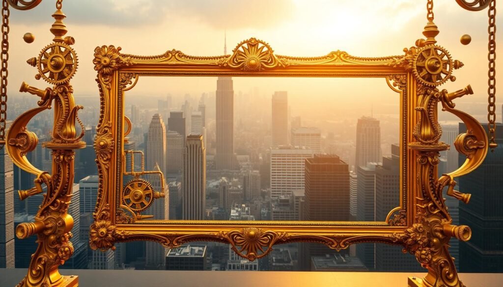 A large, ornate gold-plated frame dominates the foreground, symbolizing the regulatory structure of the gold market. Within the frame, intricate cogs, gears, and levers depict the complex mechanisms of financial oversight. The middle ground features a cityscape of towering skyscrapers, representing the global scope of the gold trade. In the background, a warm, golden light bathes the scene, conveying the prestige and importance of the industry. The overall composition conveys a sense of grandeur, power, and the delicate balance between regulation and the free market.
