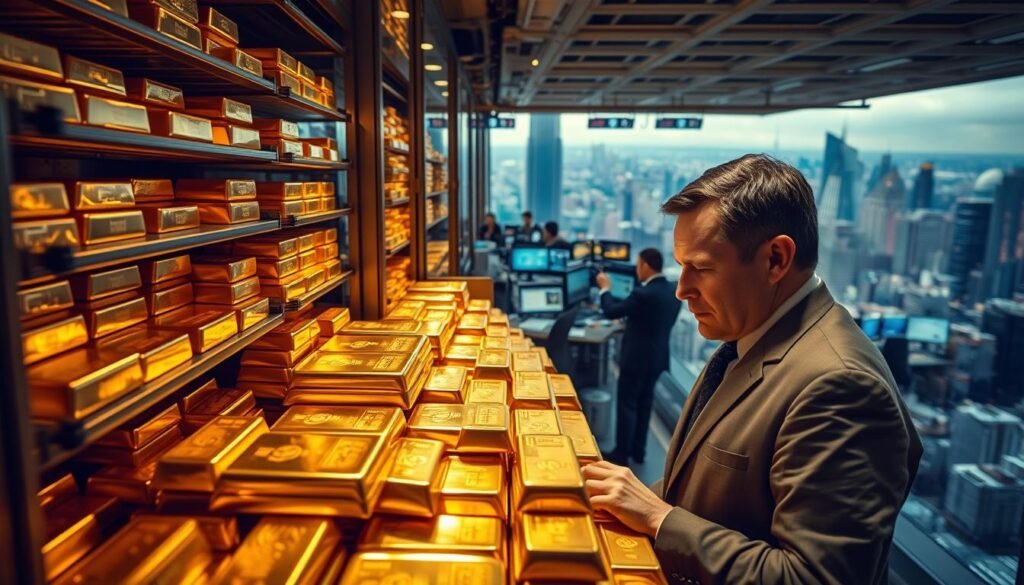 A large vault filled with stacks of gleaming gold bars, casting a warm glow under the soft, directional lighting. In the foreground, a central bank executive examines the precious metal, a thoughtful expression on their face. The middle ground reveals a busy trading floor, with analysts scrutinizing data on their screens, as the background showcases a panoramic view of a bustling financial district, reflecting the global significance of the central bank's gold acquisitions.