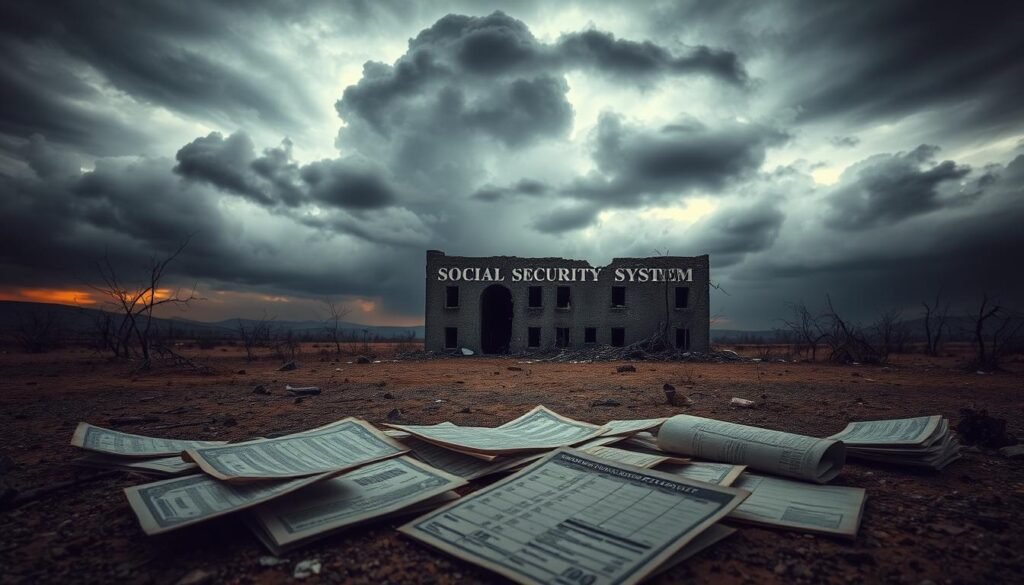 A looming gray cloud hovers over a barren landscape, casting a somber shadow over a crumbling, dilapidated building representing the Social Security system. In the foreground, weathered and worn financial documents and retirement statements lie scattered, symbolizing the growing uncertainty and funding shortfalls. The scene is illuminated by a dim, amber-tinted light, creating a sense of foreboding and unease. The overall composition conveys the complex challenges facing the Social Security system, as it struggles to maintain its promises in the face of demographic and economic shifts.