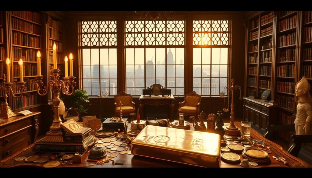 A lush, opulent study bathed in warm, golden light. In the foreground, a massive, gleaming gold ingot takes center stage, its reflective surface catching the glow of ornate candelabras. Surrounding it, a collection of antique coins, jewelry, and other precious artifacts are displayed on an intricately carved, mahogany table. In the middle ground, large windows offer a glimpse of a bustling city skyline, hinting at the wealth and power associated with gold investment. The background is filled with stately bookcases, filled with ancient tomes, creating an atmosphere of scholarly contemplation. The overall mood is one of timeless elegance, underscoring the enduring fascination with gold as a symbol of prosperity and security. A lush, opulent study bathed in warm, golden light. In the foreground, a massive, gleaming gold ingot takes center stage, its reflective surface catching the glow of ornate candelabras. Surrounding it, a collection of antique coins, jewelry, and other precious artifacts are displayed on an intricately carved, mahogany table. In the middle ground, large windows offer a glimpse of a bustling city skyline, hinting at the wealth and power associated with gold investment. The background is filled with stately bookcases, filled with ancient tomes, creating an atmosphere of scholarly contemplation. The overall mood is one of timeless elegance, underscoring the enduring fascination with gold as a symbol of prosperity and security.