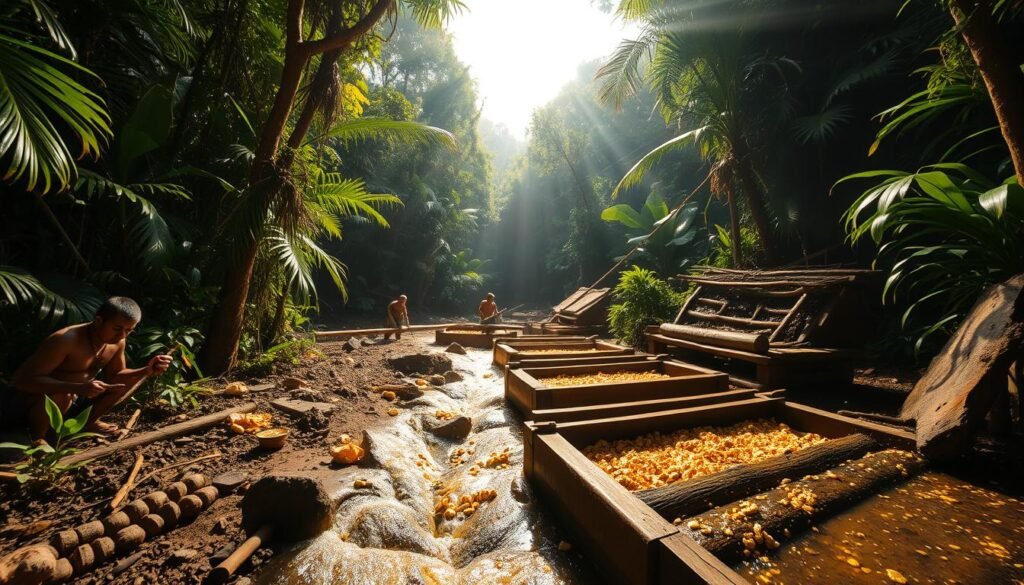A lush, tropical rainforest backdrop sets the scene for a pre-Columbian gold mining operation. In the foreground, indigenous workers toil with primitive tools, extracting glittering nuggets from the earth. The midground reveals a rudimentary sluicing system, where gold-flecked water flows into wooden troughs. Sunlight filters through the dense canopy, casting a warm, golden glow over the entire tableau. The mood is one of industrious labor, with a sense of the region's ancient, untamed beauty. Wide-angle lens captures the full scope of this historic, environmentally-integrated mining practice.