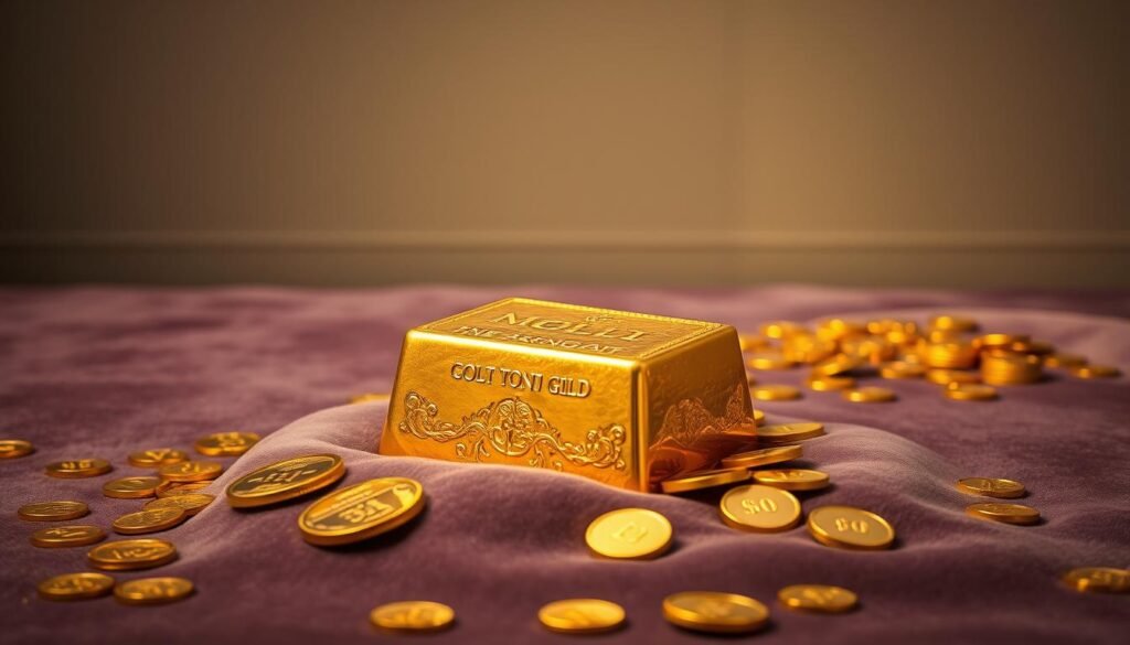 A magnificent golden ingot, its lustrous surface gleaming under soft, warm lighting, rests upon a plush velvet surface, surrounded by a scattered array of golden coins and bullion. In the background, a tranquil, minimalist setting with muted tones and clean lines, creating a sense of timeless elegance and the enduring value of gold as a sought-after investment. The composition emphasizes the tactile, tangible nature of this precious metal, conveying its innate beauty and the lasting appeal it holds for discerning investors. A magnificent golden ingot, its lustrous surface gleaming under soft, warm lighting, rests upon a plush velvet surface, surrounded by a scattered array of golden coins and bullion. In the background, a tranquil, minimalist setting with muted tones and clean lines, creating a sense of timeless elegance and the enduring value of gold as a sought-after investment. The composition emphasizes the tactile, tangible nature of this precious metal, conveying its innate beauty and the lasting appeal it holds for discerning investors.