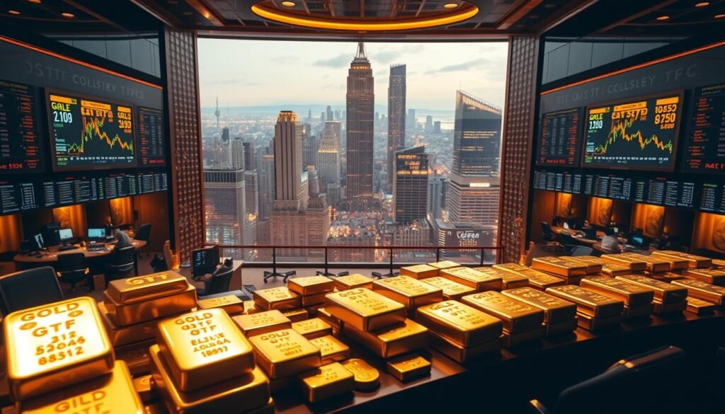 A majestic gold ETF trading floor, bathed in warm, ambient lighting. In the foreground, intricate gold bars and coins are meticulously displayed, reflecting the rich hues of the precious metal. The middle ground features a cluster of interactive digital screens, displaying real-time market data and stock tickers. In the background, a panoramic view of a bustling financial district, with towering skyscrapers and a vibrant cityscape. The overall scene conveys a sense of stability, authority, and the profound significance of gold ETFs in the global economy.