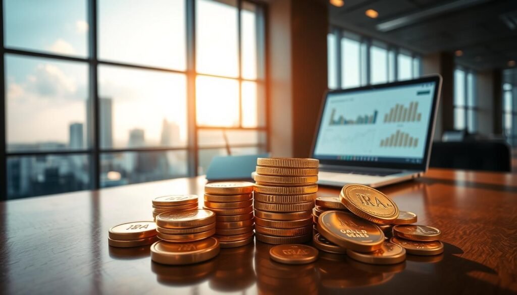 A majestic gold IRA investment showcased in a sleek, modern setting. In the foreground, a stack of shimmering gold coins and bullion, casting a warm glow against a backdrop of a polished wood desk. The middle ground features a laptop displaying financial reports, symbolizing the careful planning and research involved. In the background, large floor-to-ceiling windows overlooking a cityscape, conveying a sense of financial security and stability. Soft, directional lighting illuminates the scene, creating a sense of professional sophistication. The overall atmosphere exudes a feeling of confidence and prudent wealth management, reflecting the importance of gold IRAs for secure retirement planning.