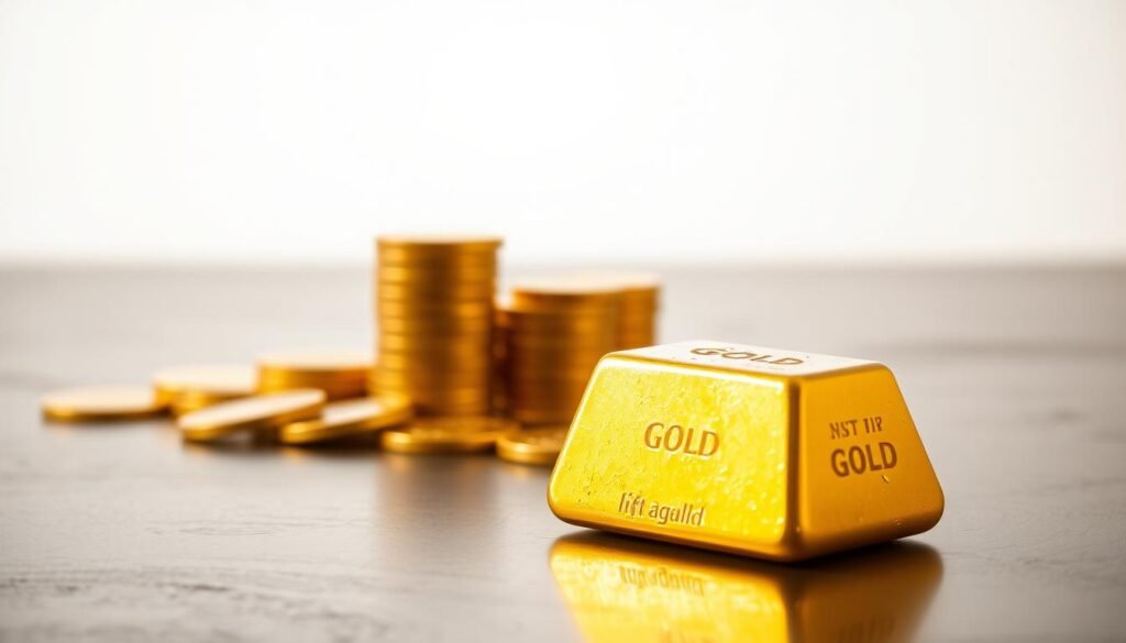 A majestic gold ingot sits prominently in the foreground, its gleaming surface catching the warm glow of natural light. In the middle ground, a stack of gold coins tumbles gracefully, symbolizing the wealth and stability of this precious metal. The background is a serene, minimalist setting, allowing the viewer to focus on the allure and timeless appeal of gold as an investment. The lighting is soft and diffused, creating a sense of elegance and sophistication. The overall composition conveys the enduring power and enduring value of gold, a timeless asset that has captured the imagination of investors for generations. A majestic gold ingot sits prominently in the foreground, its gleaming surface catching the warm glow of natural light. In the middle ground, a stack of gold coins tumbles gracefully, symbolizing the wealth and stability of this precious metal. The background is a serene, minimalist setting, allowing the viewer to focus on the allure and timeless appeal of gold as an investment. The lighting is soft and diffused, creating a sense of elegance and sophistication. The overall composition conveys the enduring power and enduring value of gold, a timeless asset that has captured the imagination of investors for generations.