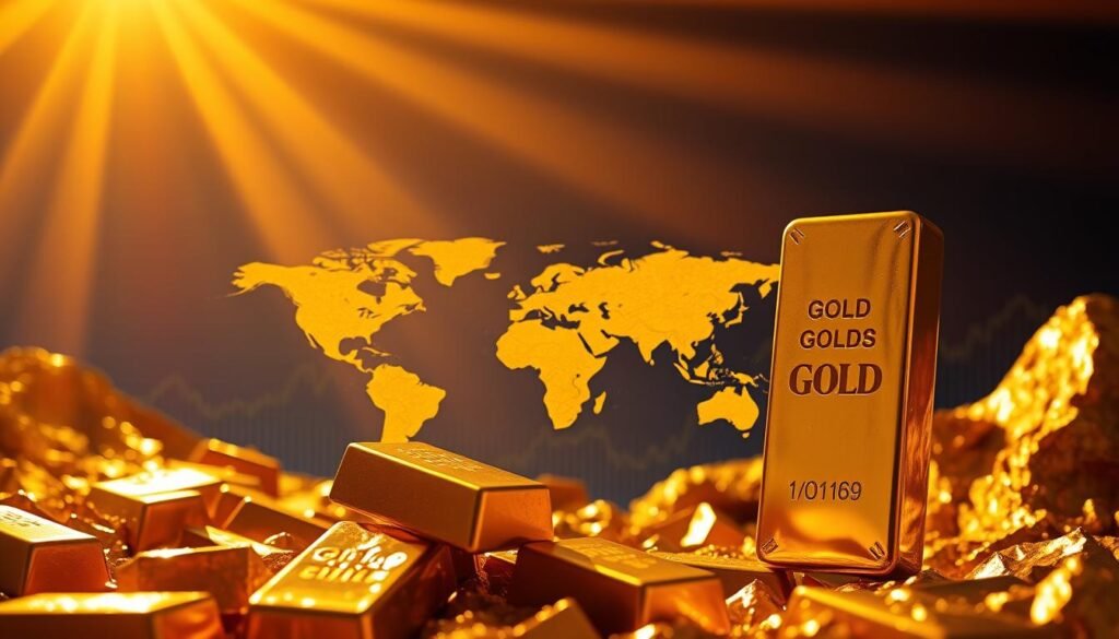 A majestic gold market landscape, bathed in the warm glow of the sun's rays. In the foreground, a gleaming gold bullion bar stands tall, its reflective surface capturing the dynamic movement of the market. In the middle ground, a world map unfurls, its borders etched in shimmering gold, representing the global reach of the gold trade. The background features a sleek, modern financial data display, with charts and graphs showcasing the ebb and flow of gold prices, all set against a backdrop of a deep, rich blue sky. The atmosphere is one of power, precision, and the timeless allure of the precious metal.