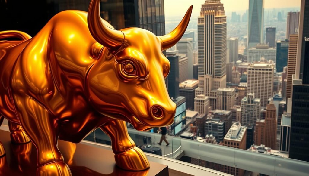 A majestic golden bull statue stands in the foreground, its surface gleaming under the warm, directional lighting. In the middle ground, a bustling trading floor with brokers and traders gesturing animatedly, their faces alight with the thrill of a burgeoning gold rally. The background is a panoramic view of a vibrant, skyscraper-filled financial district, its towering buildings bathed in a golden glow, reflecting the precious metal's ascent. A majestic golden bull statue stands in the foreground, its surface gleaming under the warm, directional lighting. In the middle ground, a bustling trading floor with brokers and traders gesturing animatedly, their faces alight with the thrill of a burgeoning gold rally. The background is a panoramic view of a vibrant, skyscraper-filled financial district, its towering buildings bathed in a golden glow, reflecting the precious metal's ascent.