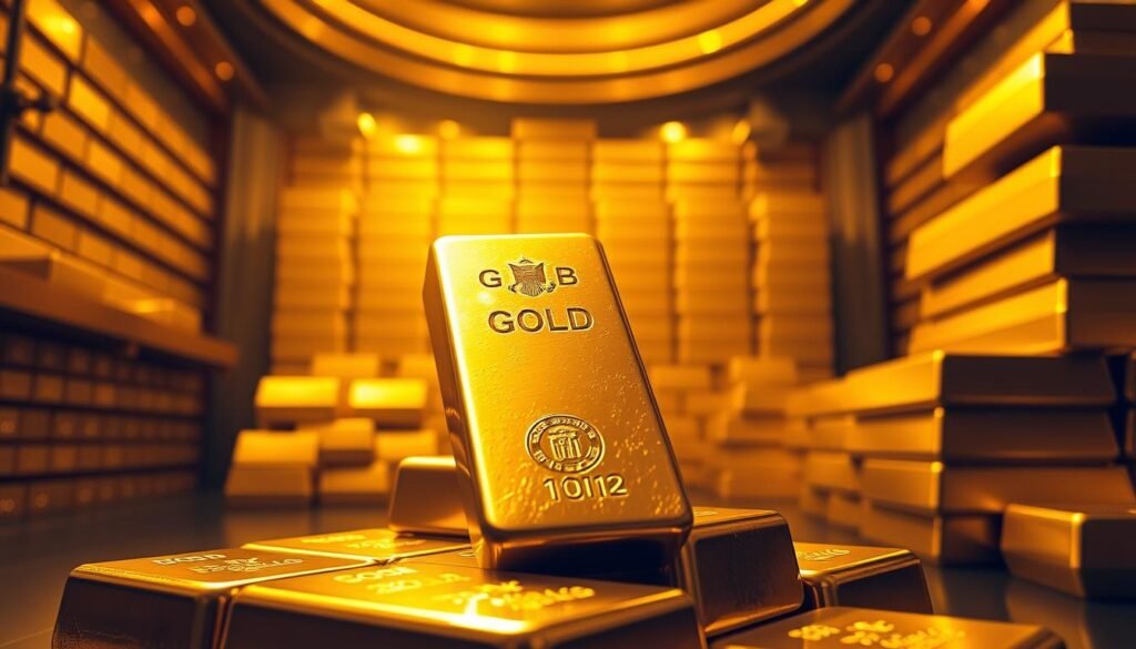 A majestic golden bullion bar shining brightly under warm, golden lighting, casting a soft, inviting glow. In the background, a lavish vault filled with towering stacks of gold bars, symbolizing the strategic value of gold as a reliable store of wealth. Intricate details of the bullion's surface capture the texture and heft of this precious metal. The overall composition conveys a sense of security, stability, and the timeless allure of gold as a prudent investment for preserving one's financial legacy.