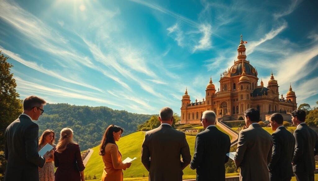 A majestic golden castle standing atop a lush green hill, surrounded by a sprawling estate with grand ornate structures. In the foreground, a group of prosperous-looking individuals in fine attire are engaged in a meeting, discussing contracts and documents. The sky is a brilliant azure, with wispy clouds drifting overhead. Sunlight filters through, casting a warm, regal glow over the entire scene. The image conveys a sense of wealth, prestige, and the sophisticated business of gold royalties.